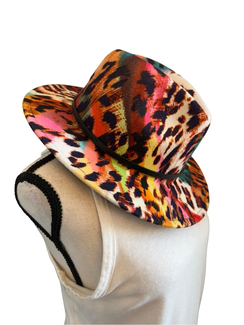 Multicolor Leopard Print Fedora Hat Adjustable Wide Brim Boho Festival One Size